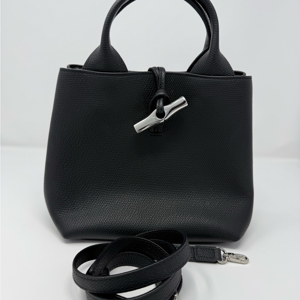 Longchamp Le Roseau Small Black Handbag Crossbody Bag Silver Hardware